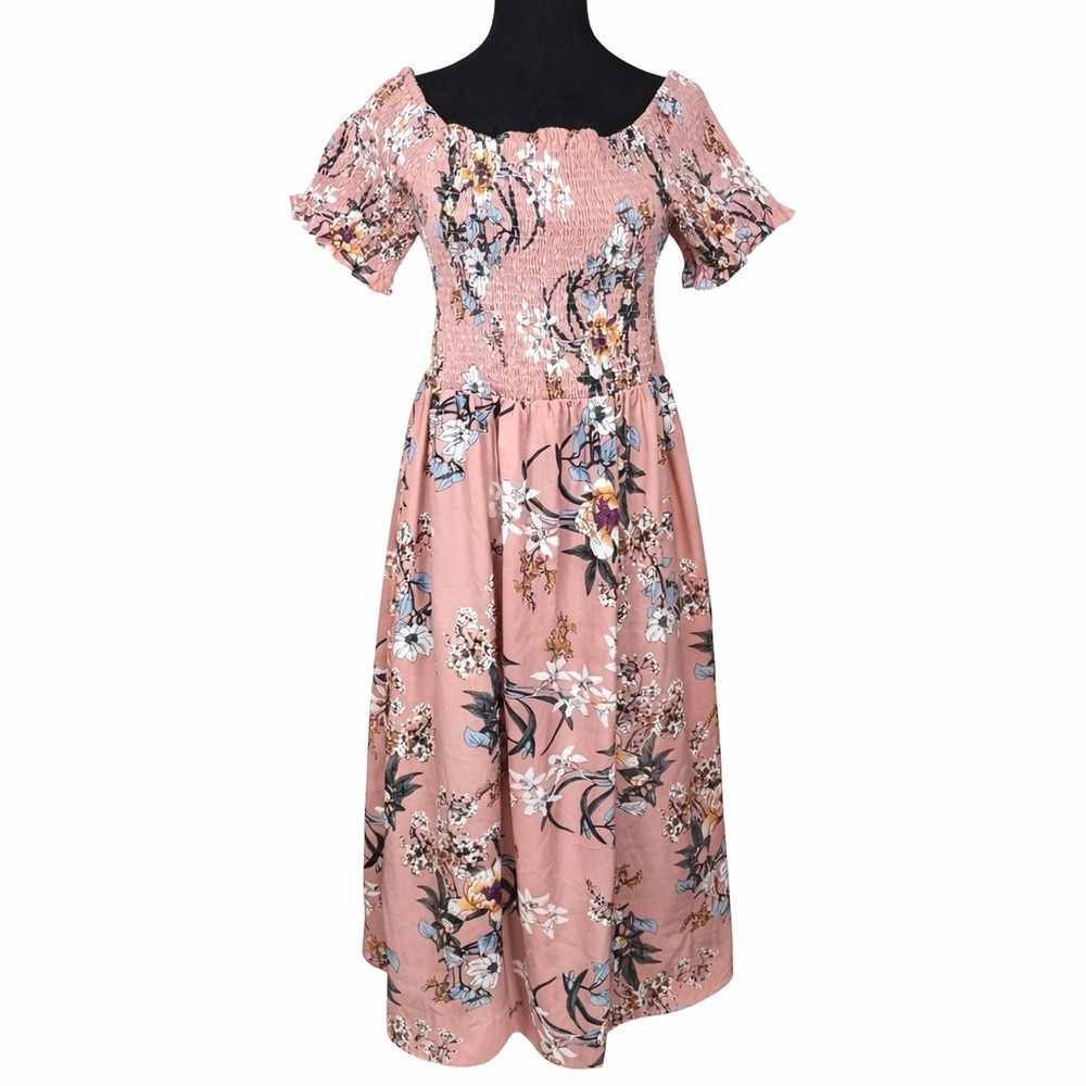 Smocked Floral Maxi Dress in Dusty Pink Sz 1XL Off-The-Shoulder Cottagecore